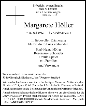 Anzeige von Margarete Höller von Kölner Stadt-Anzeiger / Kölnische Rundschau / Express