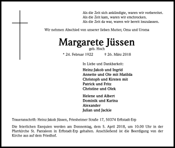 Anzeige von Margarete Jüssen von Kölner Stadt-Anzeiger / Kölnische Rundschau / Express