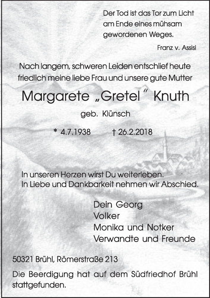  Traueranzeige für Margarete Knuth vom 07.03.2018 aus  Schlossbote/Werbekurier 