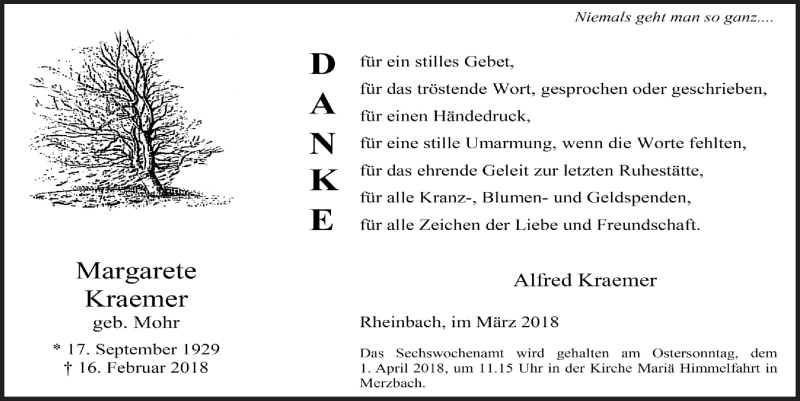  Traueranzeige für Margarete Kraemer vom 14.03.2018 aus  Schaufenster/Blickpunkt 