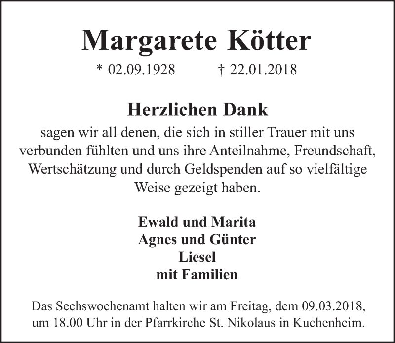  Traueranzeige für Margarete Kötter vom 03.03.2018 aus  Blickpunkt Euskirchen 