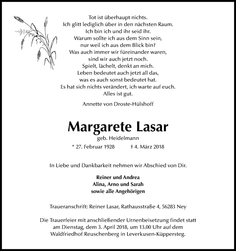  Traueranzeige für Margarete Lasar vom 17.03.2018 aus Kölner Stadt-Anzeiger / Kölnische Rundschau / Express