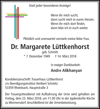 Anzeige von Margarete Lüttkenhorst von  Schaufenster/Blickpunkt 
