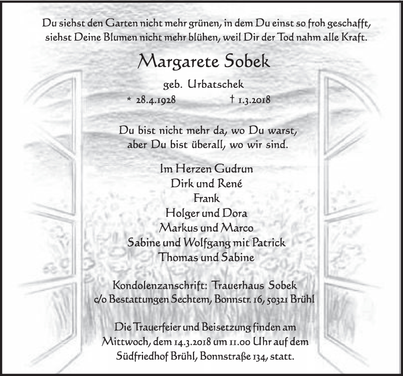  Traueranzeige für Margarete Sobek vom 07.03.2018 aus  Schlossbote/Werbekurier 