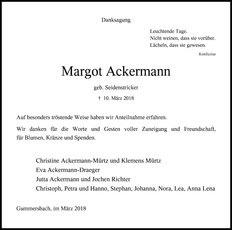  Traueranzeige für Margot Ackermann vom 31.03.2018 aus Kölner Stadt-Anzeiger / Kölnische Rundschau / Express