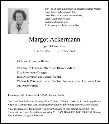 Anzeige von Margot Ackermann von Kölner Stadt-Anzeiger / Kölnische Rundschau / Express