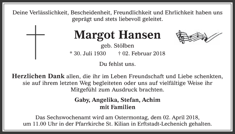  Traueranzeige für Margot Hansen vom 21.03.2018 aus  Werbepost 