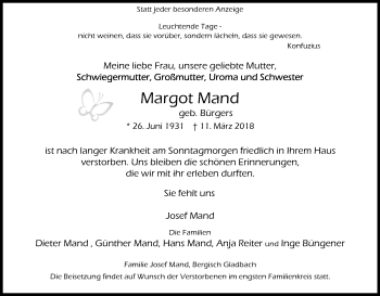 Anzeige von Margot Mand von Kölner Stadt-Anzeiger / Kölnische Rundschau / Express