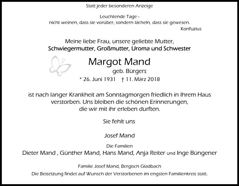  Traueranzeige für Margot Mand vom 24.03.2018 aus Kölner Stadt-Anzeiger / Kölnische Rundschau / Express