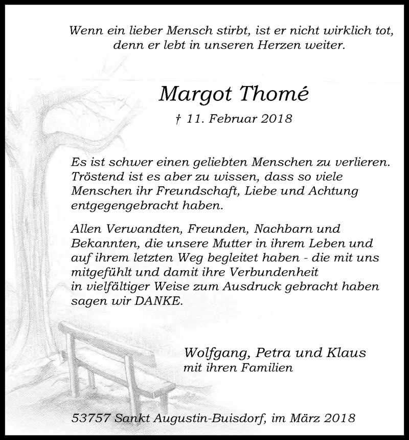  Traueranzeige für Margot Thomé vom 17.03.2018 aus Kölner Stadt-Anzeiger / Kölnische Rundschau / Express