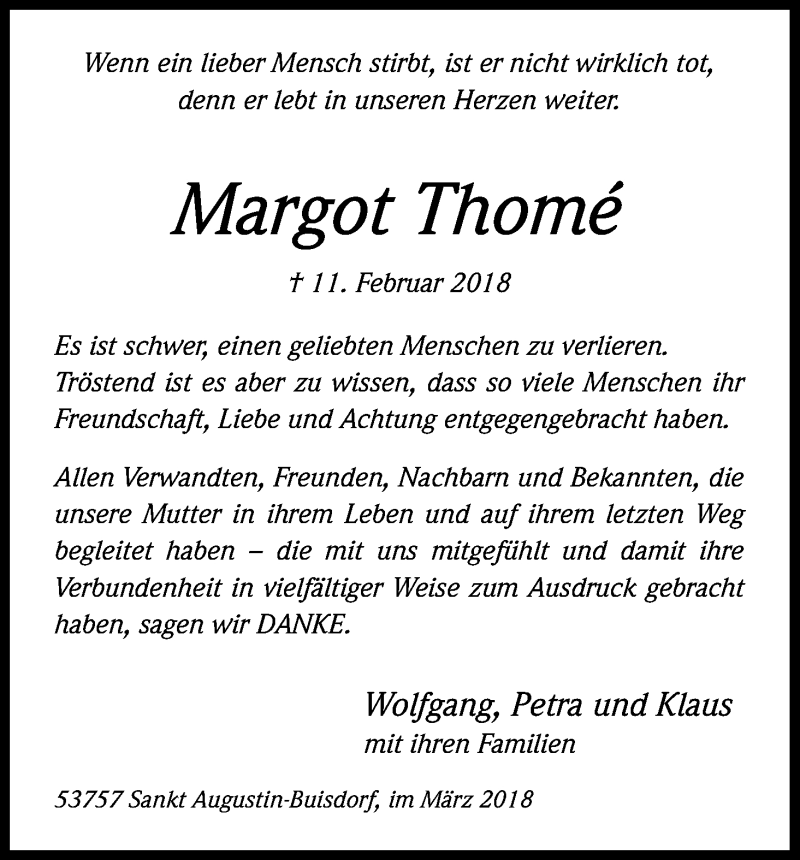  Traueranzeige für Margot Thomé vom 31.03.2018 aus Kölner Stadt-Anzeiger / Kölnische Rundschau / Express