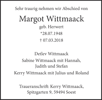 Anzeige von Margot Wittmaack von  Blickpunkt Euskirchen 