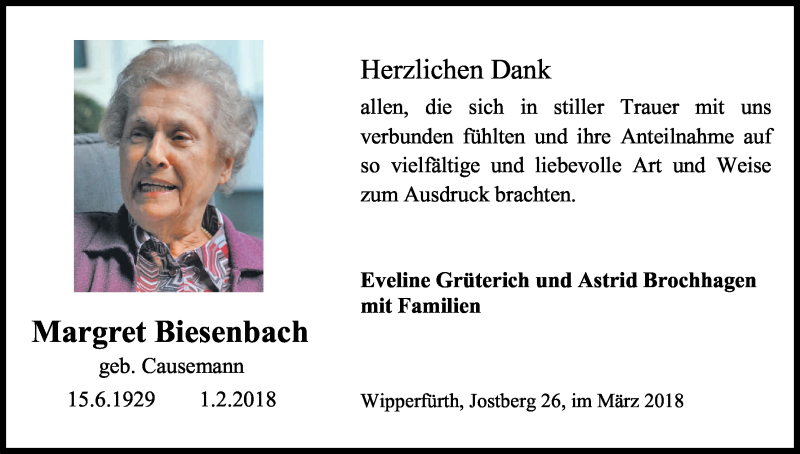 Traueranzeige für Margret Biesenbach vom 14.03.2018 aus Kölner Stadt-Anzeiger / Kölnische Rundschau / Express