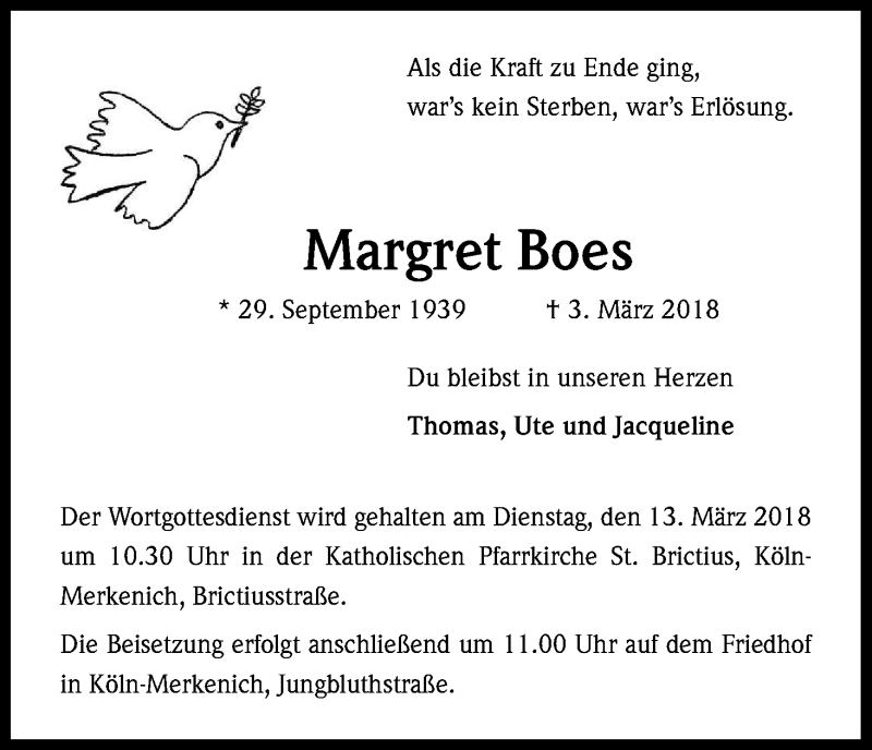  Traueranzeige für Margret Boes vom 12.03.2018 aus Kölner Stadt-Anzeiger / Kölnische Rundschau / Express