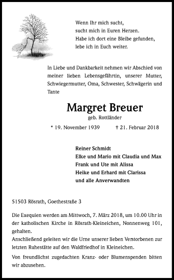 Anzeige von Margret Breuer von Kölner Stadt-Anzeiger / Kölnische Rundschau / Express