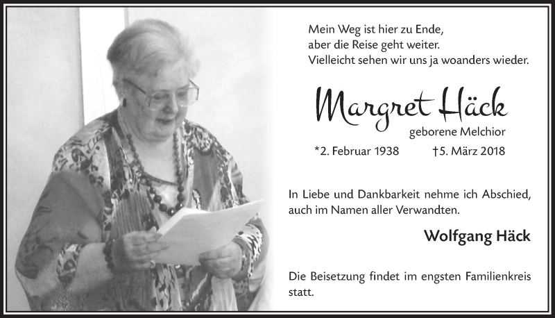  Traueranzeige für Margret Häck vom 17.03.2018 aus  Bergisches Sonntagsblatt 