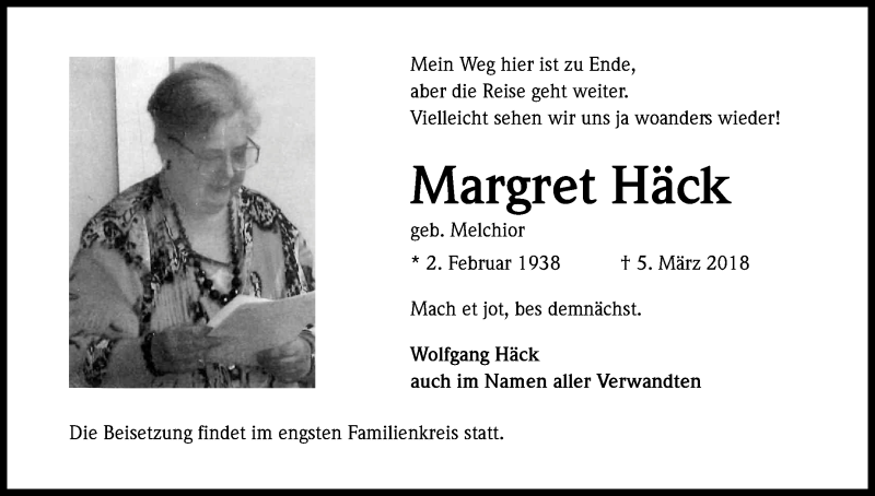  Traueranzeige für Margret Häck vom 14.03.2018 aus Kölner Stadt-Anzeiger / Kölnische Rundschau / Express