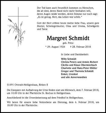 Anzeige von Margret Schmidt von Kölner Stadt-Anzeiger / Kölnische Rundschau / Express