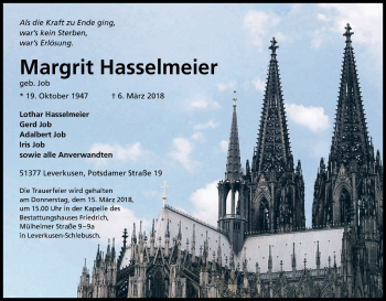 Anzeige von Margrit Hasselmeier von Kölner Stadt-Anzeiger / Kölnische Rundschau / Express