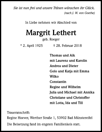 Anzeige von Margrit Lethert von Kölner Stadt-Anzeiger / Kölnische Rundschau / Express