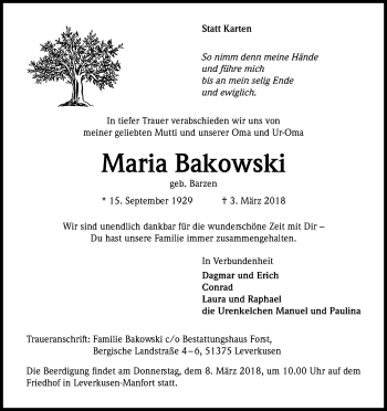 Anzeige von Maria Bakowski von Kölner Stadt-Anzeiger / Kölnische Rundschau / Express