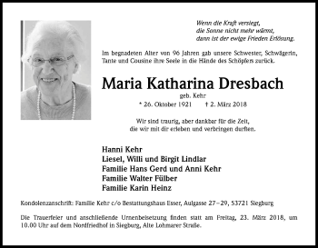 Anzeige von Maria Dresbach von Kölner Stadt-Anzeiger / Kölnische Rundschau / Express