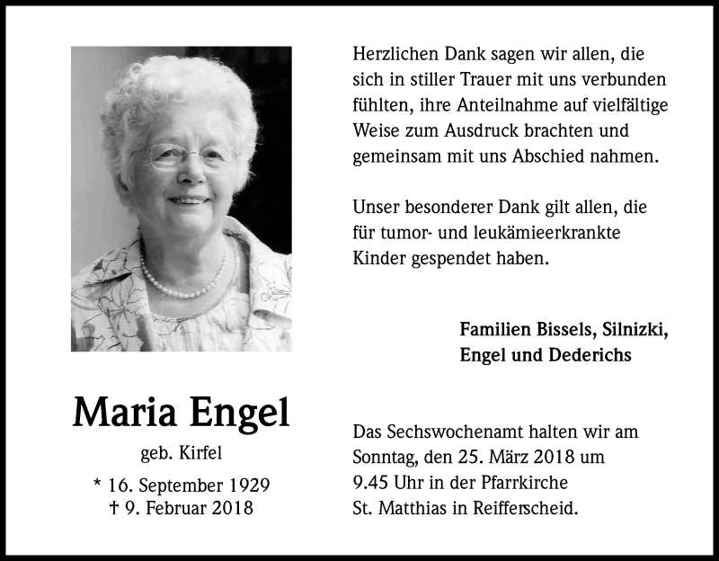  Traueranzeige für Maria Engel vom 17.03.2018 aus Kölner Stadt-Anzeiger / Kölnische Rundschau / Express