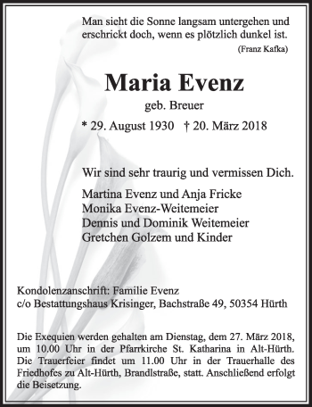 Anzeige von Maria Evenz von  Sonntags-Post 