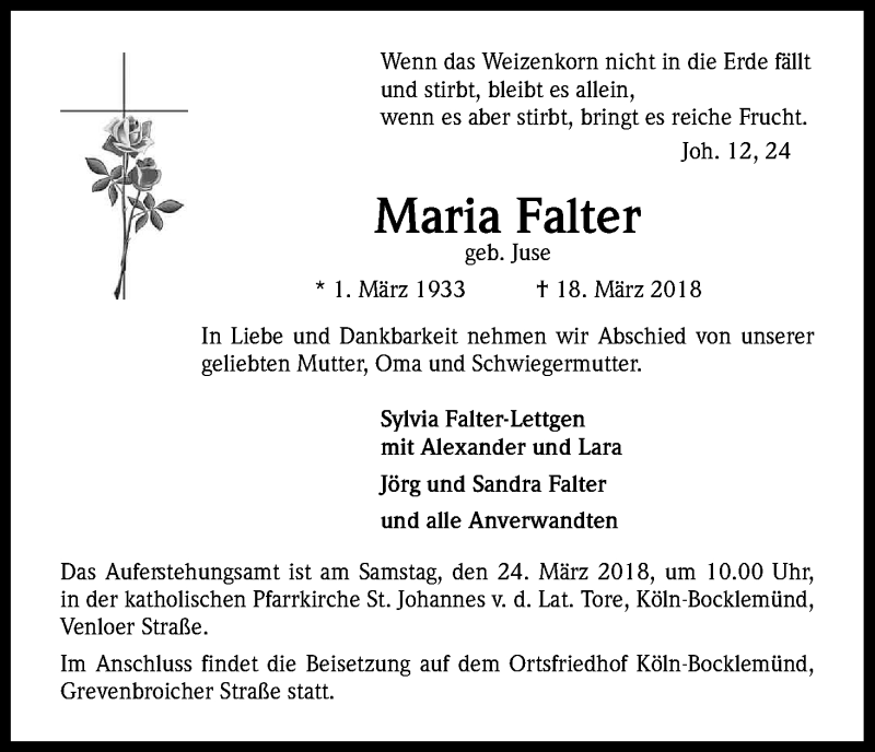  Traueranzeige für Maria Falter vom 21.03.2018 aus Kölner Stadt-Anzeiger / Kölnische Rundschau / Express
