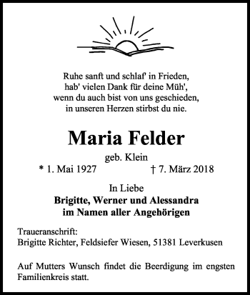 Anzeige von Maria Felder von Kölner Stadt-Anzeiger / Kölnische Rundschau / Express