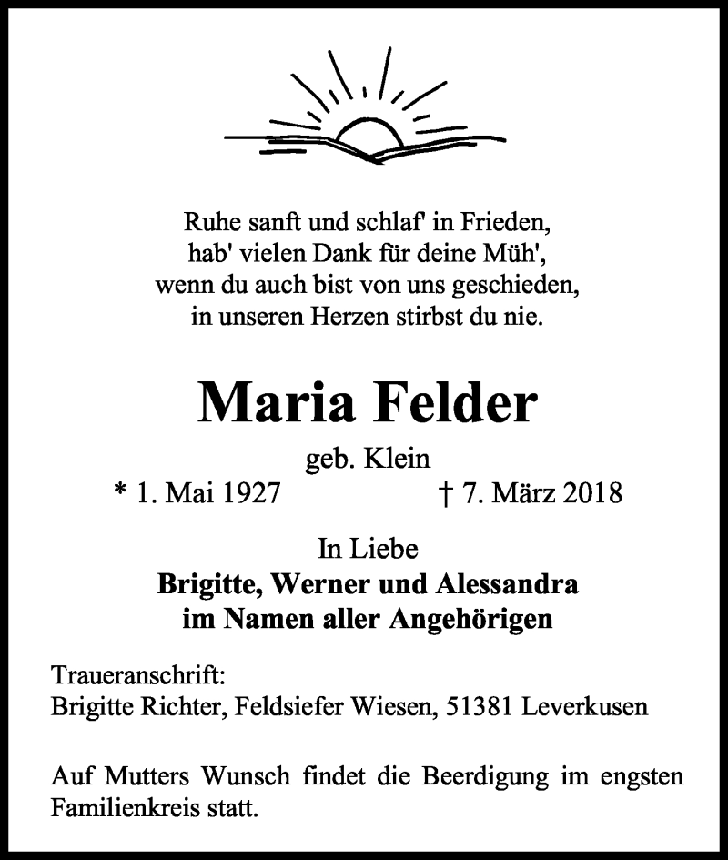  Traueranzeige für Maria Felder vom 10.03.2018 aus Kölner Stadt-Anzeiger / Kölnische Rundschau / Express