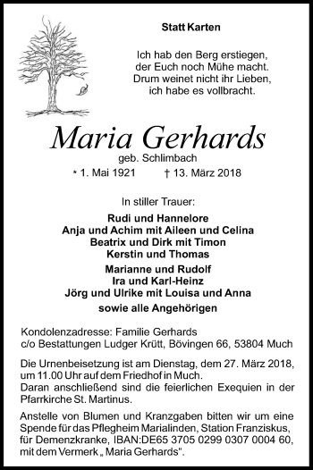 Anzeige von Maria Gerhards von Kölner Stadt-Anzeiger / Kölnische Rundschau / Express