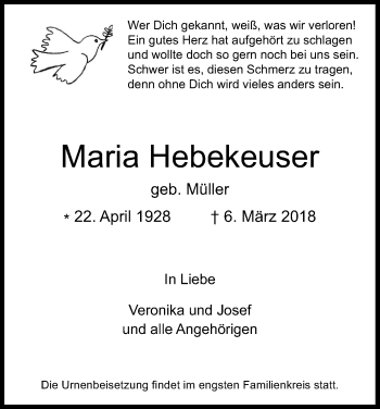Anzeige von Maria Hebekeuser von Kölner Stadt-Anzeiger / Kölnische Rundschau / Express
