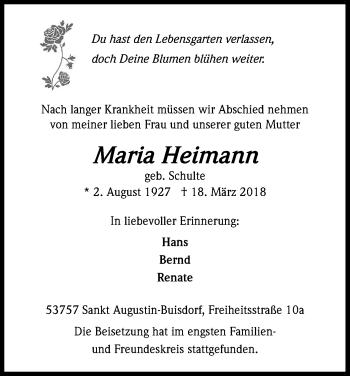 Anzeige von Maria Heimann von Kölner Stadt-Anzeiger / Kölnische Rundschau / Express