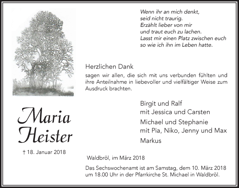  Traueranzeige für Maria Heister vom 07.03.2018 aus  Lokalanzeiger 