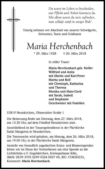 Anzeige von Maria Herchenbach von Kölner Stadt-Anzeiger / Kölnische Rundschau / Express