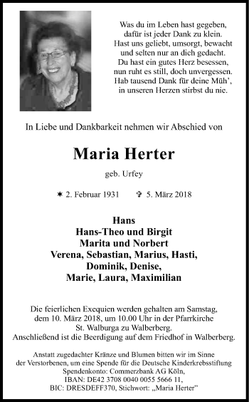 Anzeige von Maria Herter von Kölner Stadt-Anzeiger / Kölnische Rundschau / Express
