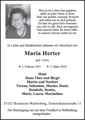 Anzeige von Maria Herter von  Schlossbote/Werbekurier 