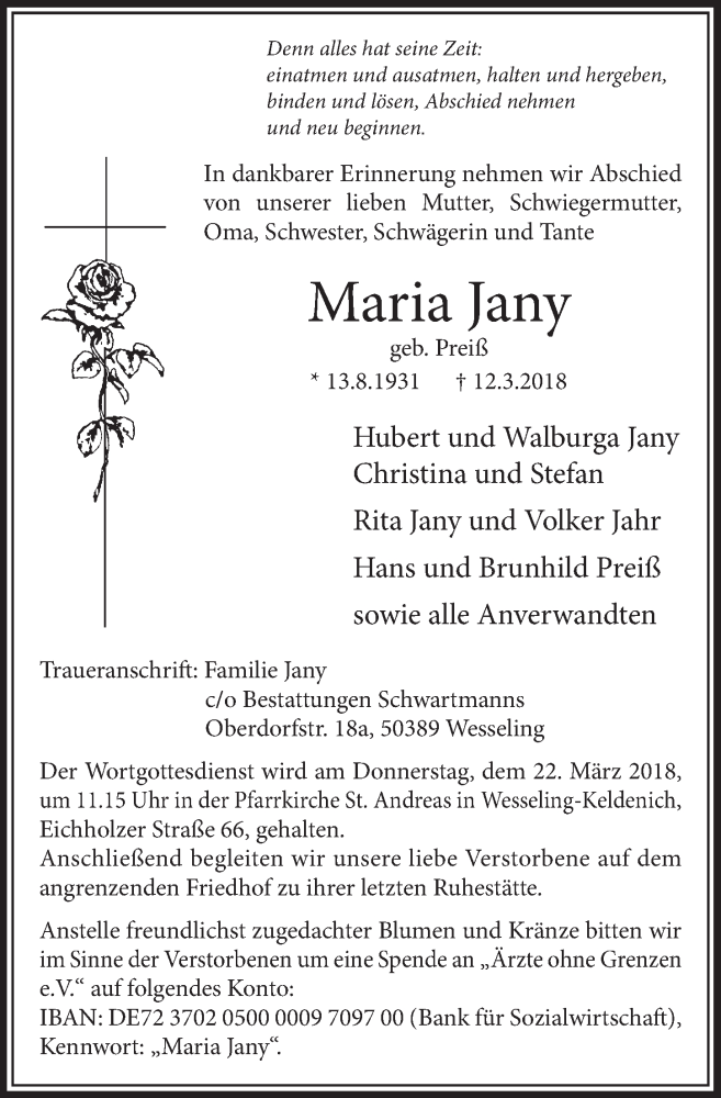  Traueranzeige für Maria Jany vom 14.03.2018 aus  Schlossbote/Werbekurier 