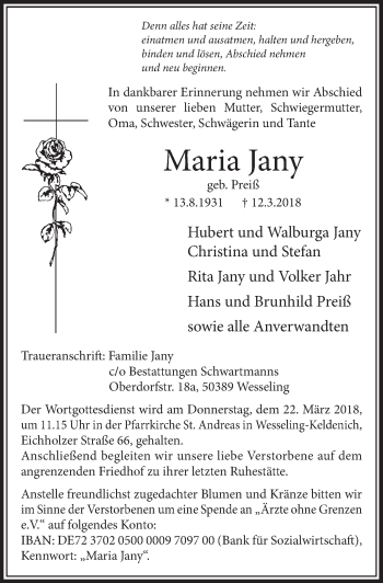 Anzeige von Maria Jany von  Schlossbote/Werbekurier 
