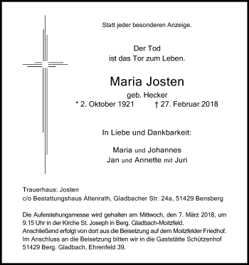 Anzeige von Maria Josten von Kölner Stadt-Anzeiger / Kölnische Rundschau / Express