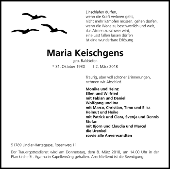 Anzeige von Maria Keischgens von Kölner Stadt-Anzeiger / Kölnische Rundschau / Express