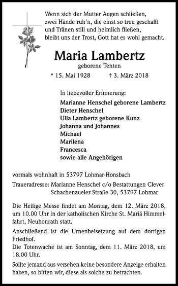 Anzeige von Maria Lambertz von Kölner Stadt-Anzeiger / Kölnische Rundschau / Express