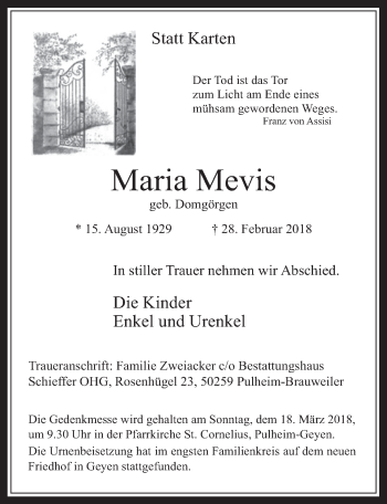 Anzeige von Maria Mevis von  Wochenende 