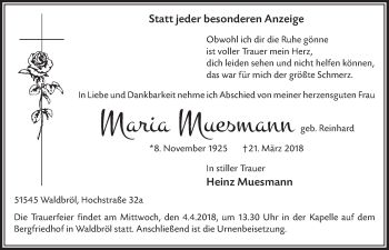 Anzeige von Maria Muesmann von  Lokalanzeiger 