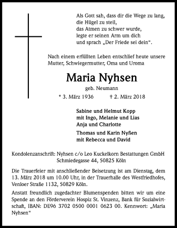 Anzeige von Maria Nyhsen von Kölner Stadt-Anzeiger / Kölnische Rundschau / Express