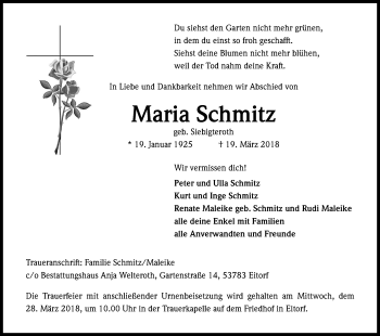 Anzeige von Maria Schmitz von Kölner Stadt-Anzeiger / Kölnische Rundschau / Express