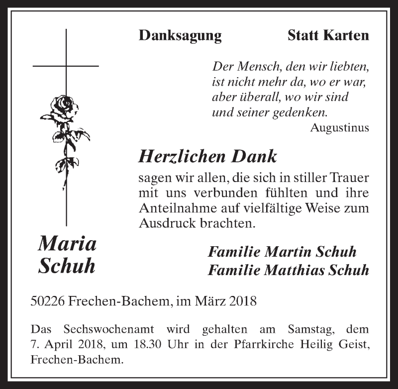  Traueranzeige für Maria Schuh vom 28.03.2018 aus  Wochenende 