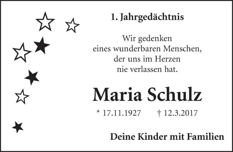  Traueranzeige für Maria Schulz vom 14.03.2018 aus  Schlossbote/Werbekurier 
