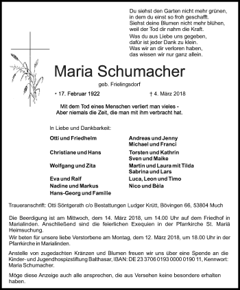 Anzeige von Maria Schumacher von Kölner Stadt-Anzeiger / Kölnische Rundschau / Express